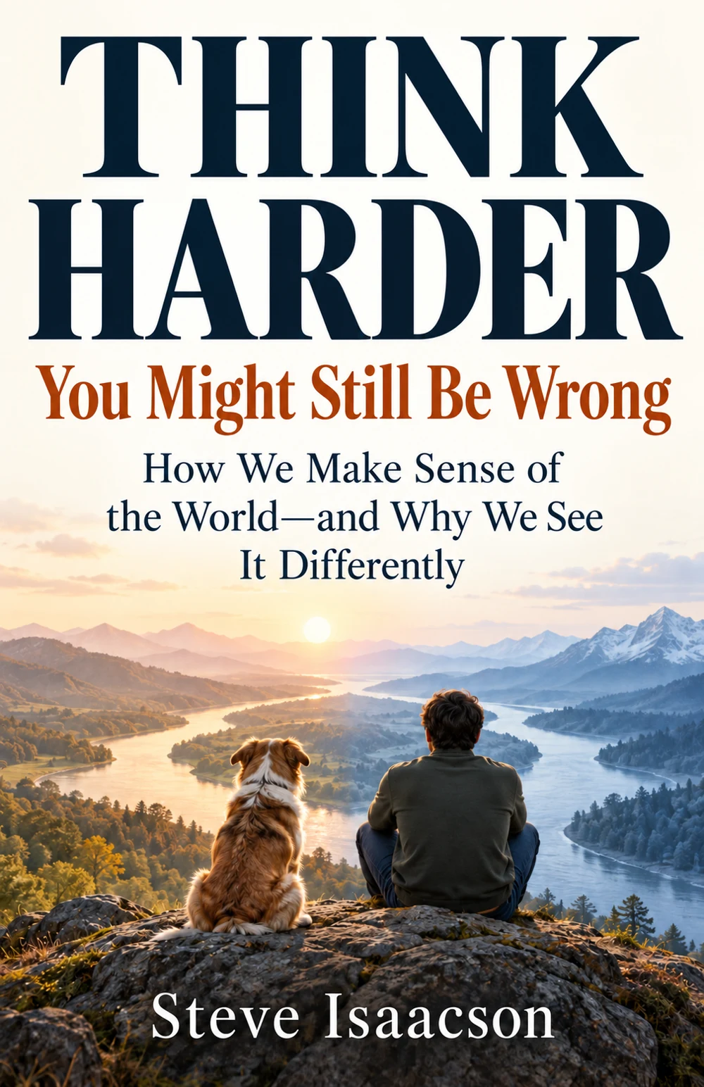 Think Harder: You Might Still Be Wrong, by Steve Isaacson. A man and a dog look across a river valley.